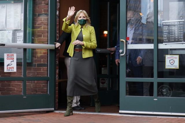 Jill Biden Sharpens Up for Winter in Icy Blue Coat and Brown Suede Boots  for Delaware Getaway