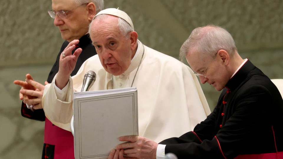 Pope Francis speaks at his weekly general audience in the Vatican.