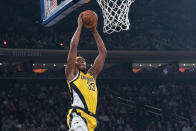 Indiana Pacers center Myles Turner goes to the basket in the first half of an NBA basketball game against the New York Knicks, Friday, Feb. 21, 2020, at Madison Square Garden in New York. (AP Photo/Mary Altaffer)