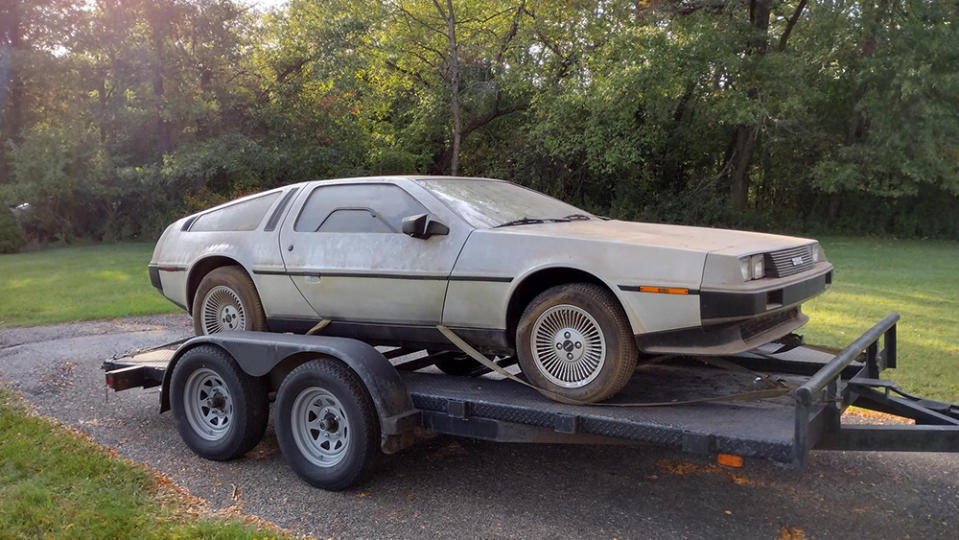 The DeLorean barn find on a trailer