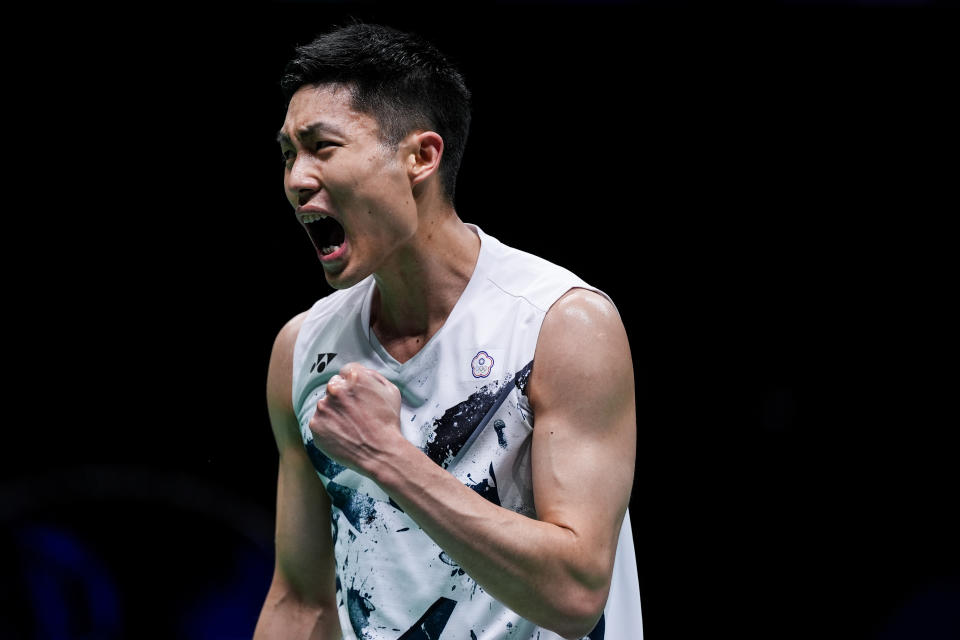 CHENGDU, CHINA - MAY 03: Chou Tien Chen of Chinese Taipei reacts in the Men's Singles Quarter Finals match against Viktor Axelsen of Denmark during day seven of the Thomas & Uber Cup Finals 2024 at Chengdu High-tech Sports Centre on May 03, 2024 in Chengdu, China.  (Photo by Shi Tang/Getty Images)