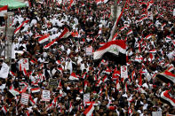 Followers of Shiite cleric Muqtada al-Sadr gather in Baghdad, Iraq, Friday, Jan. 24, 2020. Thousands of supporters of an influential, radical Shiite cleric gathered Friday in central Baghdad for a rally to demand that American troops leave the country amid heightened anti-US sentiment after a drone strike ordered by Washington earlier this month killed a top Iranian general in the Iraqi capital. (AP Photo)