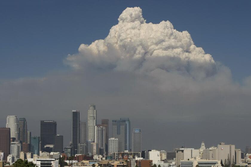 A towering cloud looms above the Station fire north of downtown Los Angeles on August 31, 2009.