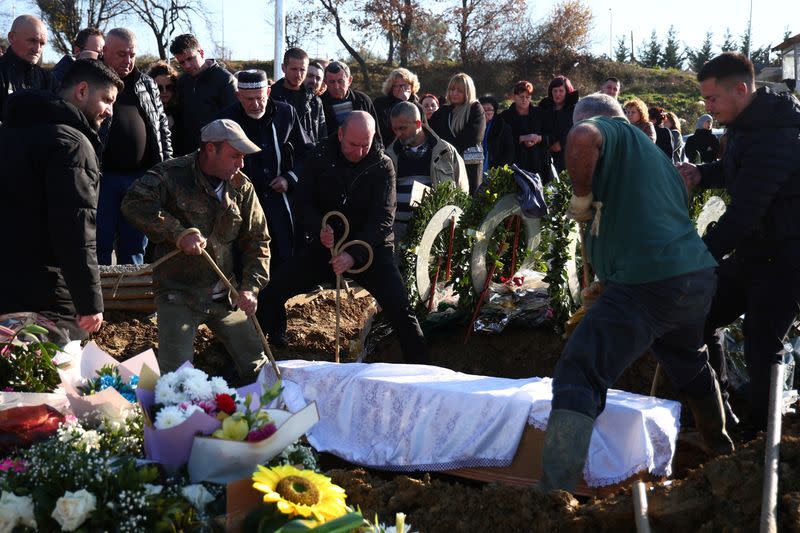 Family and friends take part in the funeral of Leonard Farruku, who died in December on the Bibby Stockholm accommodation barge in the United Kingdom