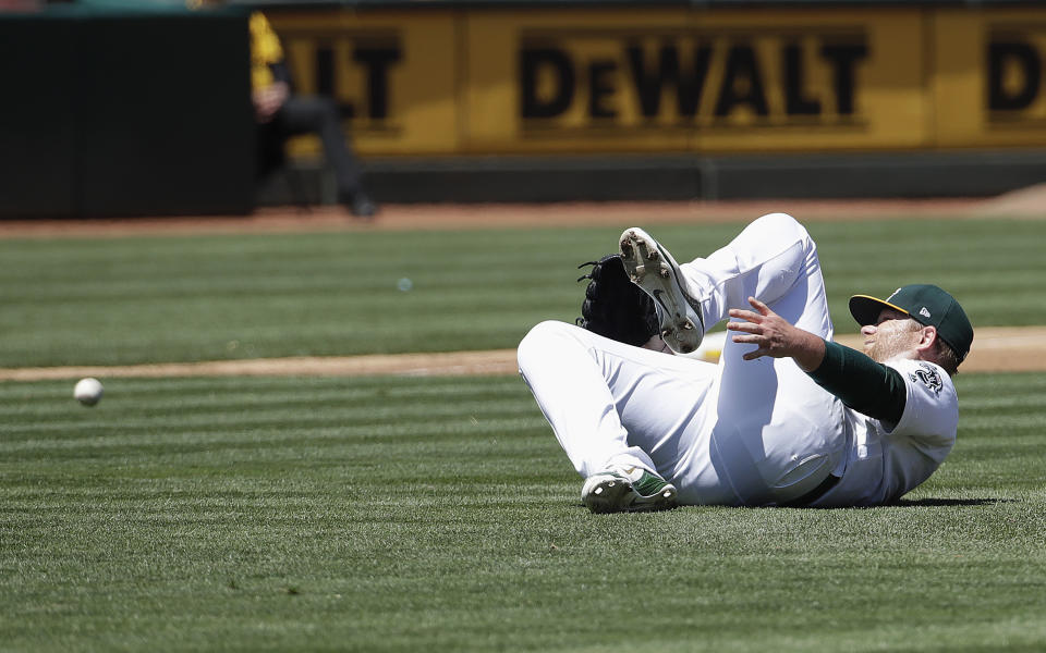 Oakland Athletics pitcher Brett Anderson reacts after being injured on an RBI-single by Toronto Blue Jays' Randal Grichuk during the third inning of a baseball game in Oakland, Calif., Sunday, April 21, 2019. Anderson left the game after the play. (AP Photo/Jeff Chiu)