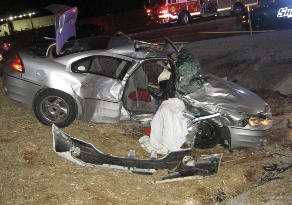 An Edmonson County, Kentucky, deputy sheriff chased this car at speeds up to 130 mph before it was T-boned by an SUV. The deputy stopped the vehicle over an unlit license plate.