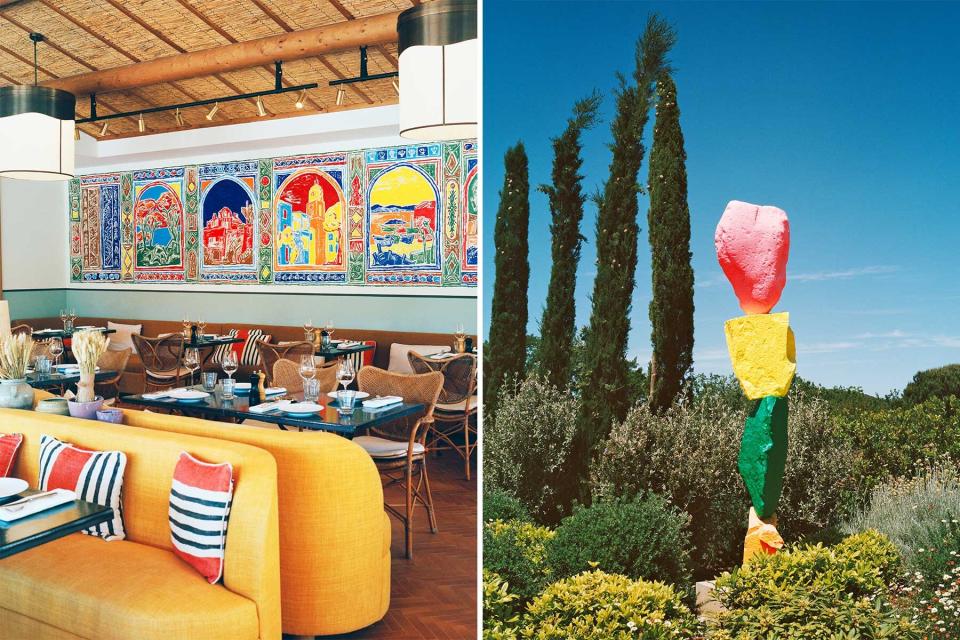 A colorful dining room and outdoor sculpture at the Hotel Lou Pinet in St Tropez, France