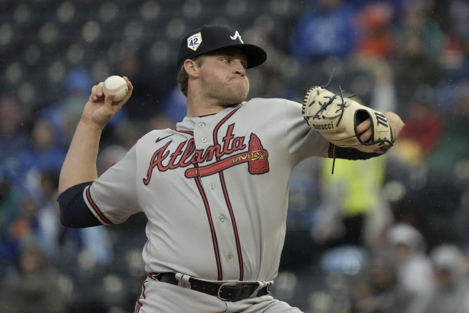 Atlanta Braves starting pitcher Bryce Elder throws during the first inning of a baseball game against the Kansas City Royals Saturday, April 15, 2023, in Kansas City, Mo. (AP Photo/Charlie Riedel)