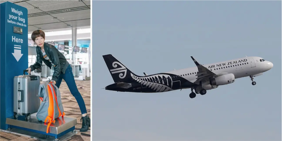 Symbolfoto einer Passagierin beim Wiegen von Koffern und eines Flugzeugs der Air New Zealand. - Copyright: Jerome Quek/Getty Images; NurPhoto/Contributor/Getty mages