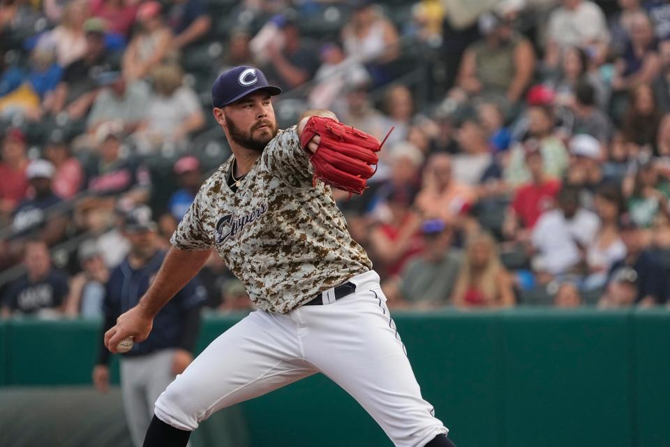 Jun 28, 2023; Columbus, Ohio, USA;  Columbus Clippers pitcher Hunter Gaddis (48) delivers a pitch during the MiLB baseball game against the Toledo Mud Hens at Huntington Park. Mandatory Credit: Adam Cairns-The Columbus Dispatch
