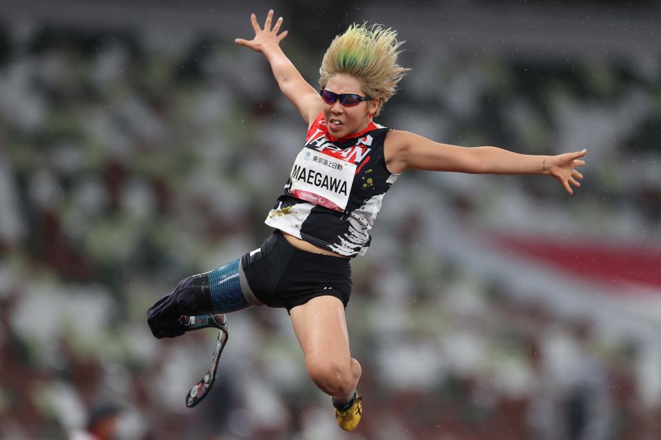 Japanese long jumper Kaede Maegawa competes at the Paralympics in Tokyo.