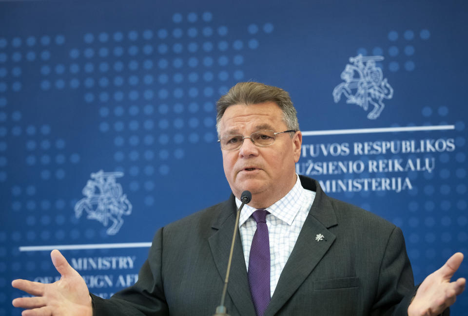 Lithuania's Minister of Foreign Affairs Linas Linkevicius answers questions during a meeting with the press in the Ministry of Foreign Affairs in Vilnius, Lithuania, Tuesday, Aug. 11, 2020. Lithuania Foreign Minister said that Sviatlana Tsikhanouskaya, who ran for presidency in Belarus, fled to Vilnius early Tuesday to join her children and was placed in a secure location.(AP Photo/Mindaugas Kulbis)