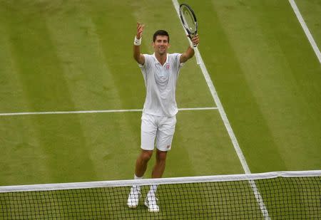 Britain Tennis - Wimbledon - All England Lawn Tennis & Croquet Club, Wimbledon, England - 29/6/16 Serbia's Novak Djokovic celebrates winning his match against France's Adrian Mannarino REUTERS/Toby Melville