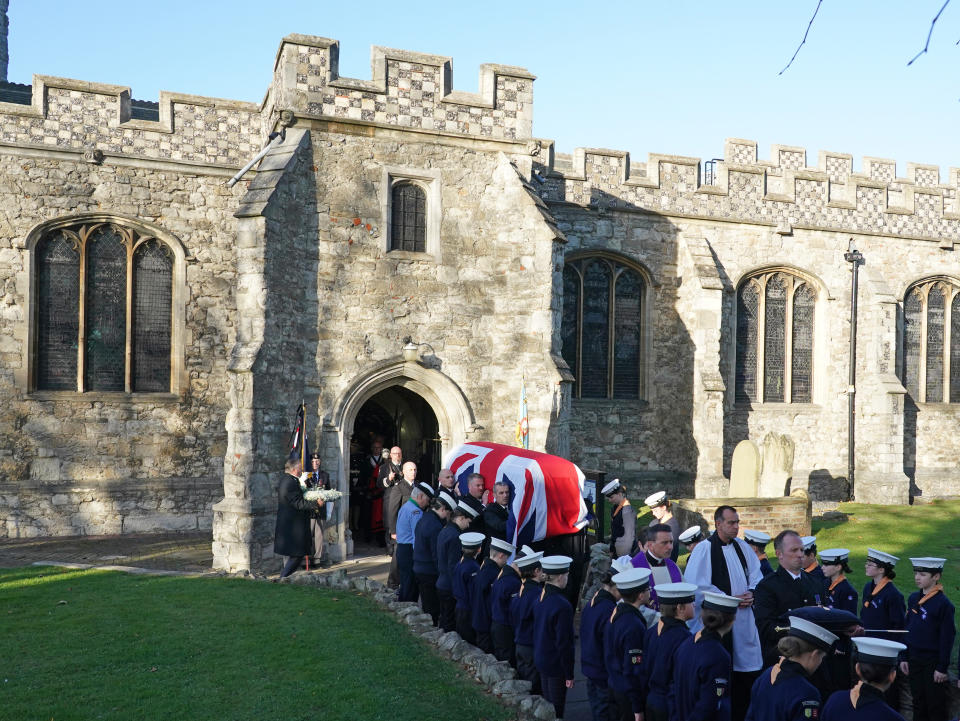 Pall bearers carry the coffin of Sir David Amess out of St Mary's Church in Prittlewell, Southend, following his funeral service. Picture date: Monday November 22, 2021.