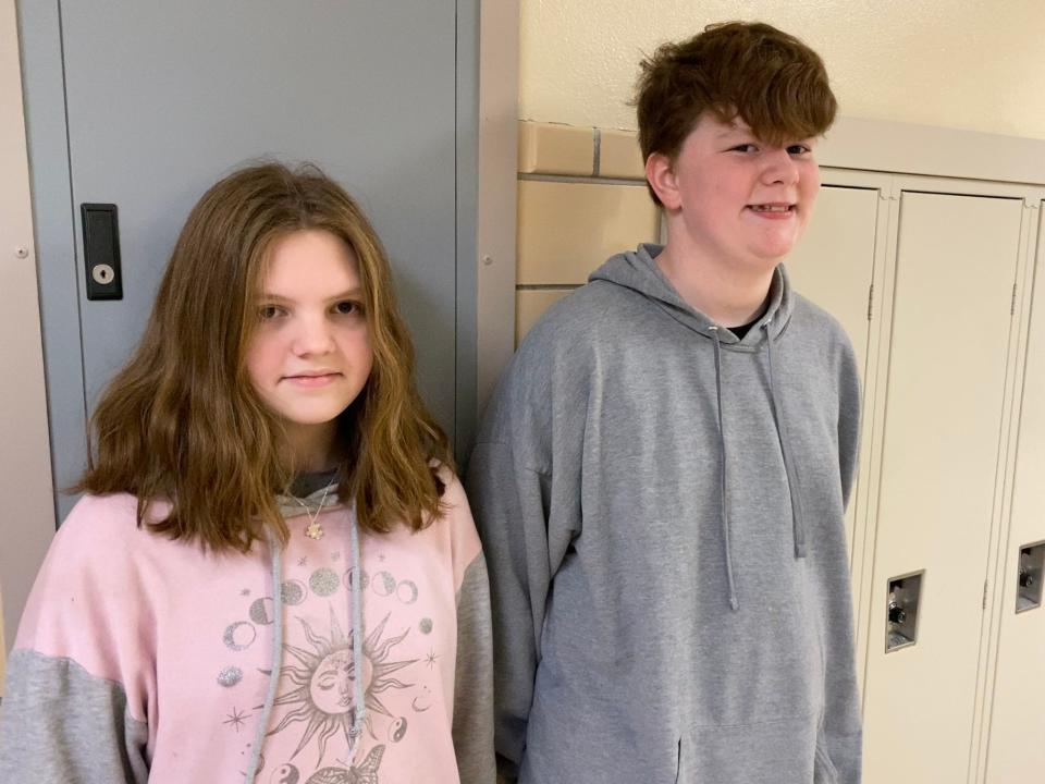 Sebring McKinley Junior High School student Hunter Matea, right, is the school's 2023 Spelling Bee champion, while Brenlee Armor, left, was the event's runner-up. Matea's victory qualified him to compete in the upcoming regional bee in Youngstown.