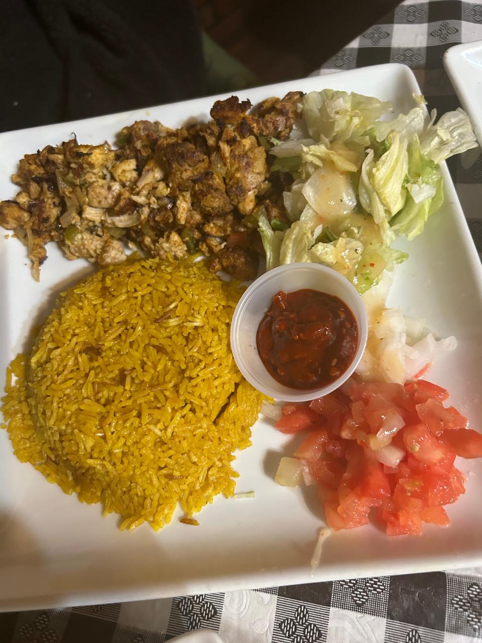 Chicken shawarma with rice at Mid-East Cafe and Resaurant.