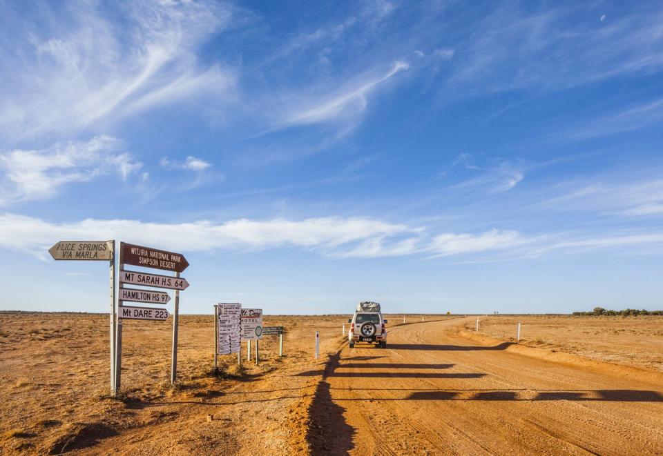 <p>Street signs near the junction of the Oodnadatta Track and the Ghan Heritage Trail in South Australia direct remote travelers. </p>