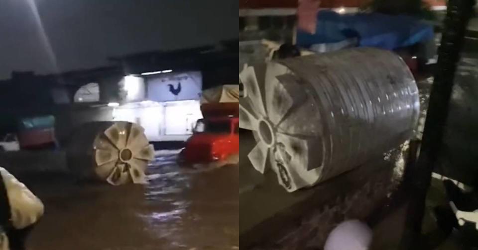 Una vez más un tinaco se pasea por las calles inundadas de Guadalajara. Foto: Captura de video X vía @AgendaPublicaMX y TikTok @israelvillarreal66