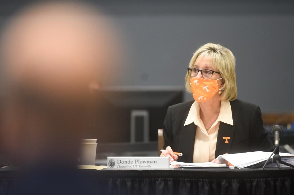University of Tennessee Knoxville Chancellor Donde Plowman listens in during a University of Tennessee System Board of Trustees meeting on Oct. 22, 2021.