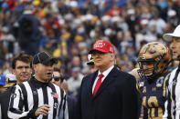 President Donald Trump waits for the coin toss before the start of the Army-Navy college football game in Philadelphia, Saturday, Dec. 14, 2019. (AP Photo/Jacquelyn Martin)