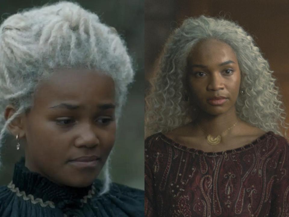 Side by side images of a young girl and a young woman with curly white hair.