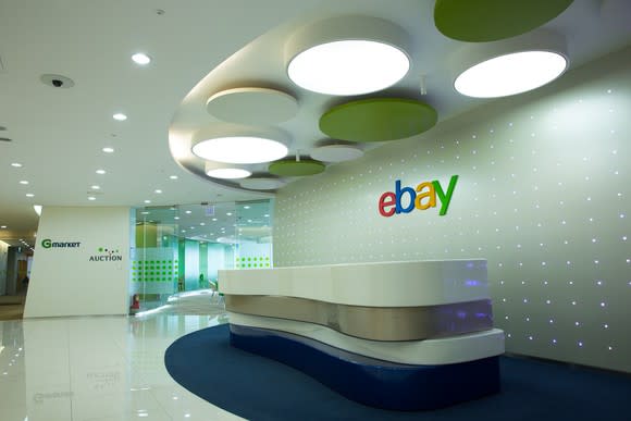 Modern eBay front desk with company logo on the wall behind it