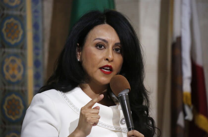 LOS ANGELES, CA - JANUARY 14, 2020 Los Angeles City Council 6th district representative Nury Martinez addresses the crowded city council chambers Tuesday for the first time as President of the City Council. A daughter of Mexican immigrants she becomes the first Latina to presided over Los Angeles City Council meetings as President chosen unanimously by the City Council last December. (Al Seib / Los Angeles Times)