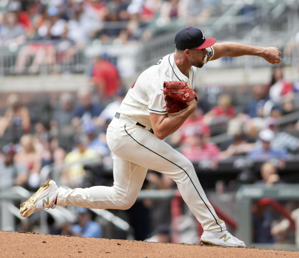 Atlanta Braves pitcher Kyle Muller throws against against the San Diego Padres in the first inning of a baseball game in Atlanta, Wednesday, July 21, 2021. (AP Photo/Hakim Wright Sr.)