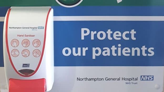 Sanitiser units have been "ripped from the walls" of the hospital. (Northampton General Hospital)