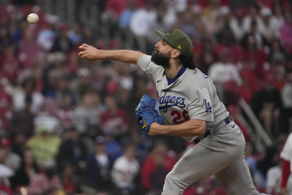 Los Angeles Dodgers starting pitcher Tony Gonsolin throws during the first inning of a baseball game against the St. Louis Cardinals Friday, May 19, 2023, in St. Louis. (AP Photo/Jeff Roberson)