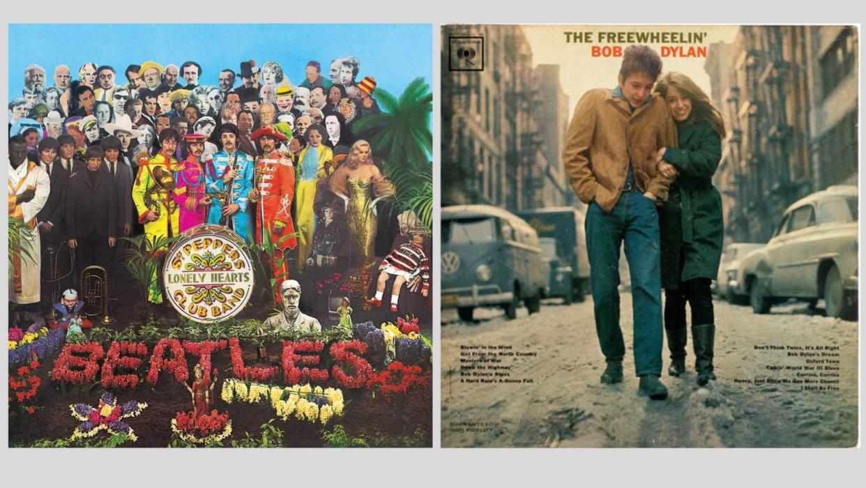 Album covers for The Beatles: 'Sgt. Pepper’s Lonely Hearts Club Band' and Bob Dylan's The Freewheelin' Bob Dylan