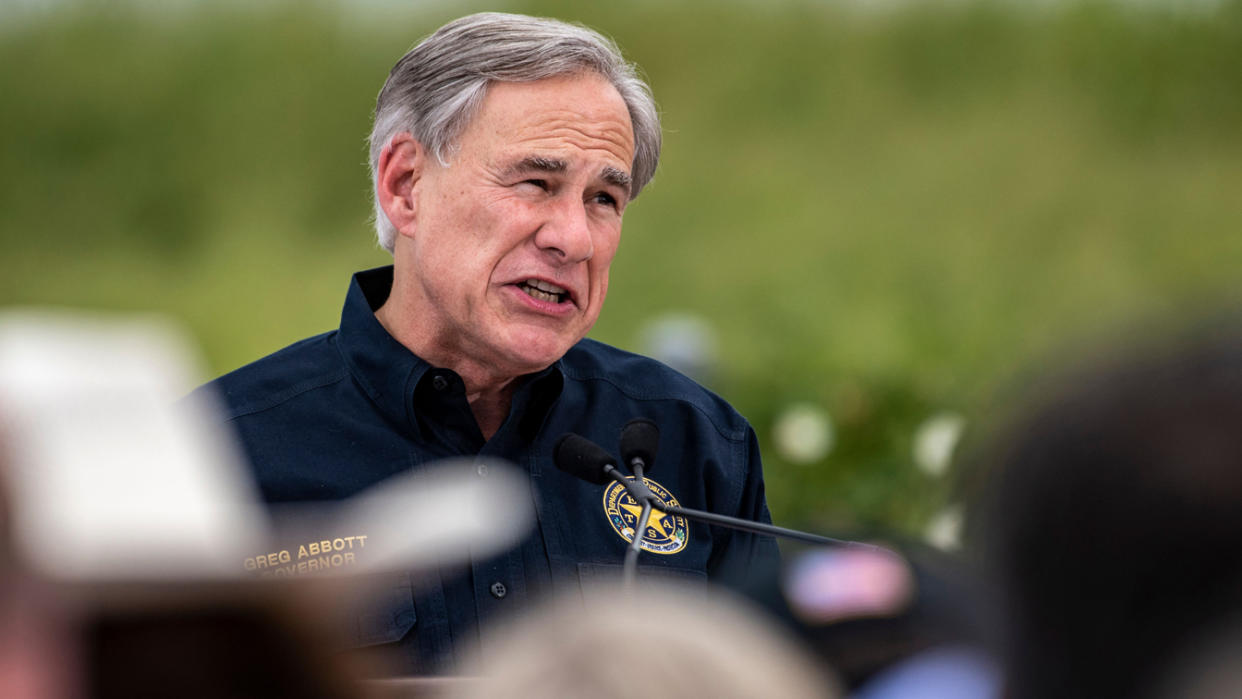 Texas Gov. Greg Abbott speaks during a visit to the border wall near Pharr, Texas, on June 30. (Sergio Flores/AFP via Getty Images)