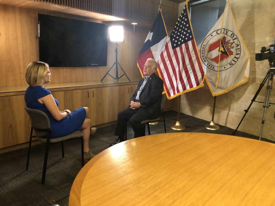 KXAN city hall reporter Grace Reader interviewing Austin Mayor Kirk Watson