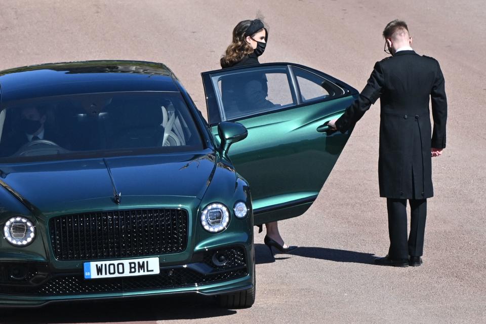 Britain's Princess Eugenie of York arrives for the ceremonial funeral procession of Britain's Prince Philip, Duke of Edinburgh to St George's Chapel in Windsor Castle in Windsor, west of London, on April 17, 2021. - Philip, who was married to Queen Elizabeth II for 73 years, died on April 9 aged 99 just weeks after a month-long stay in hospital for treatment to a heart condition and an infection. (Photo by JUSTIN TALLIS / POOL / AFP) (Photo by JUSTIN TALLIS/POOL/AFP via Getty Images)