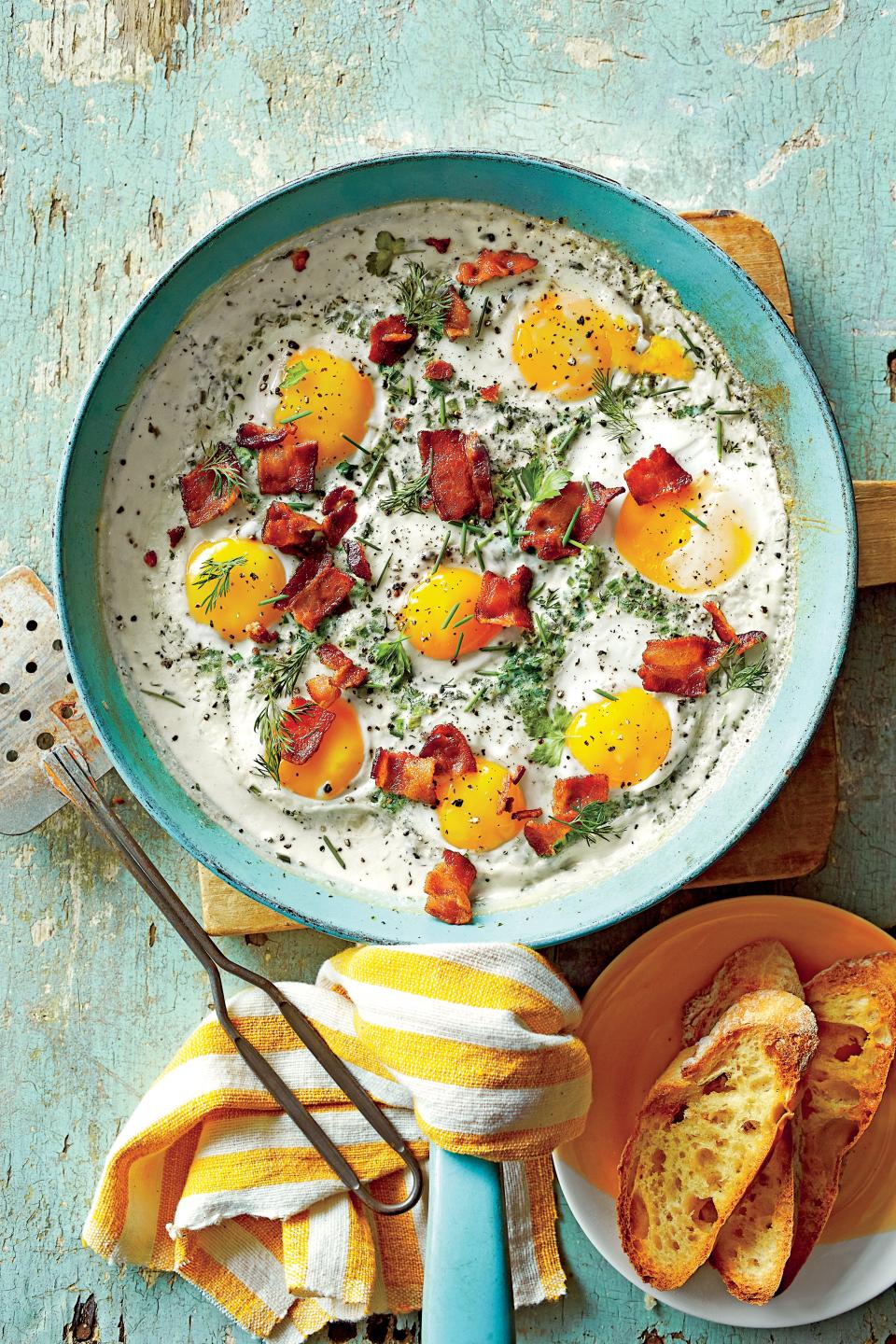 Creamy Baked Eggs with Herbs and Bacon