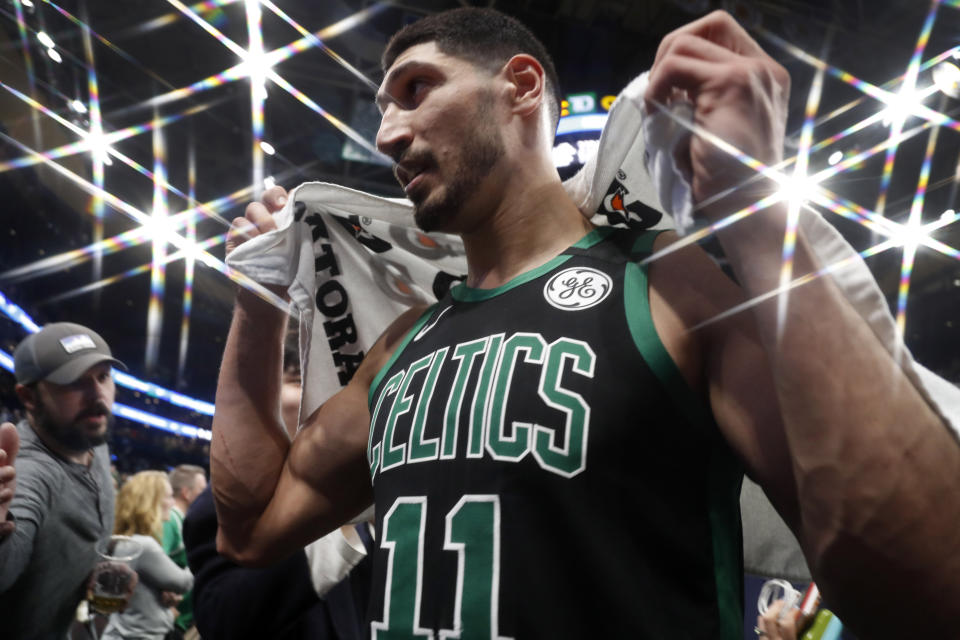 Enes Kanter urged his followers to keep standing for freedom, democracy and human rights while announcing his father's freedom. (AP Photo/Winslow Townson)