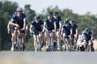 Cyclist Lance Armstrong of the U.S. (L) cycles with a team of riders as he takes part in Geoff Thomas's 'One Day Ahead' charity event during a stage of the 102nd Tour de France cycling race from Muret to Rodez, France, July 16, 2015.REUTERS/Fred Lancelot