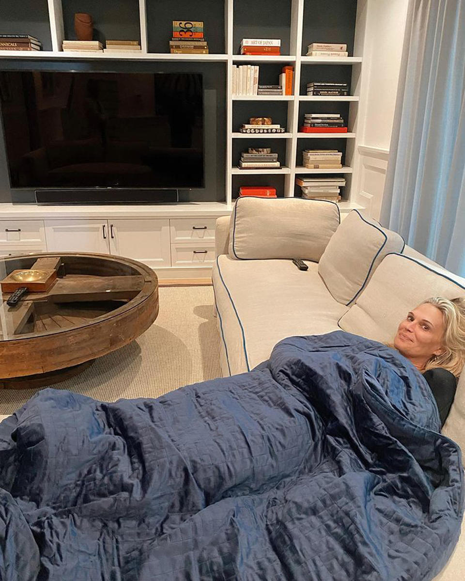 <p>"I’ll be here with my weighted blanket until 2022," the actress and model jokingly captioned <a href="https://www.instagram.com/p/CJwh5FcpPje/" rel="nofollow noopener" target="_blank" data-ylk="slk:this photo;elm:context_link;itc:0;sec:content-canvas" class="link ">this photo</a> from her living room in L.A., adding, "p.s. apparently this helps with anxiety. TBD."</p>