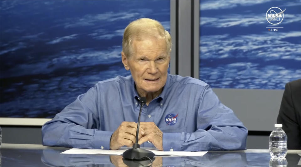 NASA Administrator Bill Nelson takes part in news conference as NASA decided it’s too risky to bring two astronauts back to Earth in Boeing’s troubled new capsule, at Johnson Space Center in Houston, on Saturday, Aug. 24, 2024. (NASA via AP)