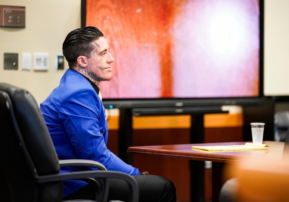 Wade Wilson listens as his attorney, Lee Hollander, questions witness Josh Lukitsch during Wilson’s murder trial at the Lee County Courthouse in Fort Myers on Monday, June 10, 2024. Wilson is facing two first-degree murder charges among others.