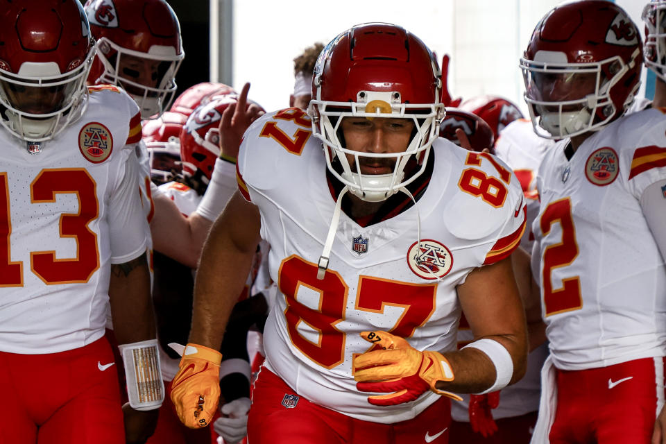 JACKSONVILLE, FL – AUGUST 10: Tight end Travis Kelce #87 of the Kansas City Chiefs runs out of the tunnel onto the field before a preseason game against the Jacksonville Jaguars at EverBank Stadium on August 10, 2024 in Jacksonville, Florida. The Jaguars defeated the Chiefs 26 to 13. (Photo by Don Juan Moore/Getty Images)