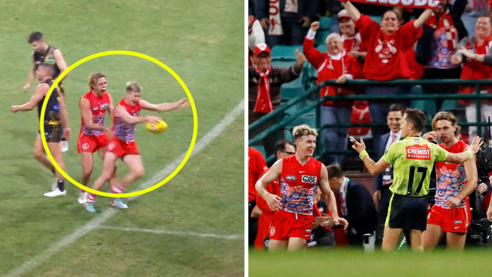 Richmond arguing with the umpire over a potential 50m penalty (pictured right) and Chad Warner (pictured left) kicking the ball into the crowd after the siren.