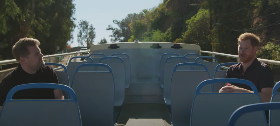 Harry joined James Corden on an open bus trip around Los Angeles. (YouTube/The Late Late Show)