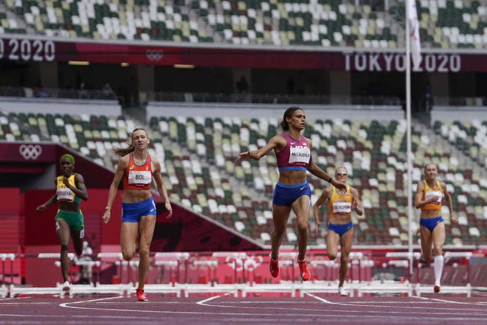 Sydney McLaughlin, of the United States, wins the women's 400-meter hurdles final at the 2020 Summer Olympics, Wednesday, Aug. 4, 2021, in Tokyo, Japan. (AP Photo/Petr David Josek)