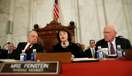 Senate Judiciary Committee Chairman Chuck Grassley, L (R-IA), Ranking Member Dianne Feinstein, C (D-CA), and Senator Patrick Leahy, R (D-VT), participate in the Senate Judiciary Committee confirmation hearing on Jeff Sessions's nomination to become U.S. attorney general on Capitol Hill in Washington, U.S. January 10, 2017. REUTERS/Kevin Lamarque