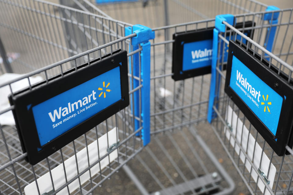 MIAMI, FLORIDA - FEBRUARY 18: Walmart carts are seen outside of a store as the company reported fiscal fourth-quarter earnings that fell short of analysts’ estimates on February 18, 2020 in Miami, Florida. Walmart earned $1.38 a share, short of some analysts expectations for $1.43 per share. (Photo by Joe Raedle/Getty Images)