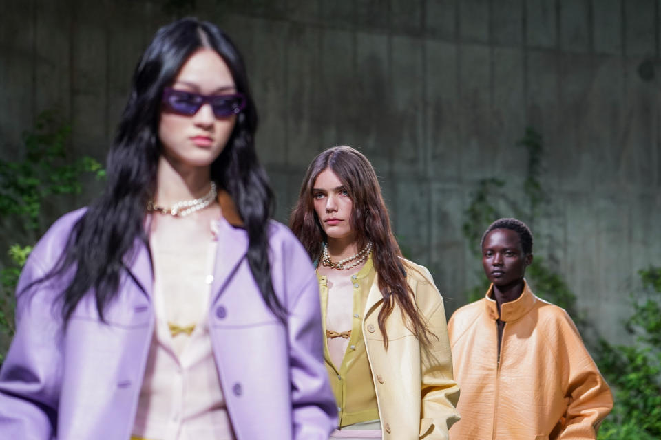 Models showcase outfits for the Gucci Cruise fashion show in London, Monday, May 13, 2024. (Photo by Alberto Pezzali/Invision/AP)