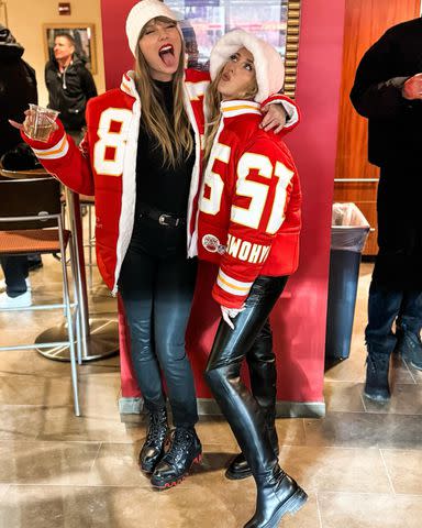 <p>Brittany Mahomes/Instagram</p> Taylor Swift and Brittany Mahomes rock custom Chiefs jackets by Kristin Juszczyk