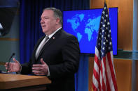 Secretary of State Mike Pompeo speaks during a news conference at the State Department in Washington, Wednesday, July 8, 2020. (Tom Brenner/Pool via AP)