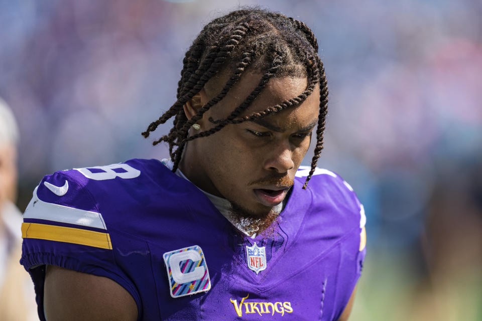 Minnesota Vikings wide receiver Justin Jefferson (18) looks on during an NFL football game against the Carolina Panthers Sunday, Oct. 1, 2023, in Charlotte, N.C. (AP Photo/Jacob Kupferman)